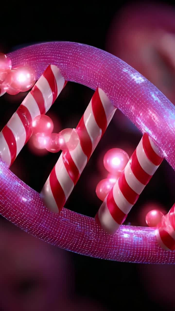 Intricate Visualization of DNA Helix with Red and White Striped Elements and Glowing Pink Spheres Exemplifying Genetic Structures in a Colorful and Captivating Biological Interpretation