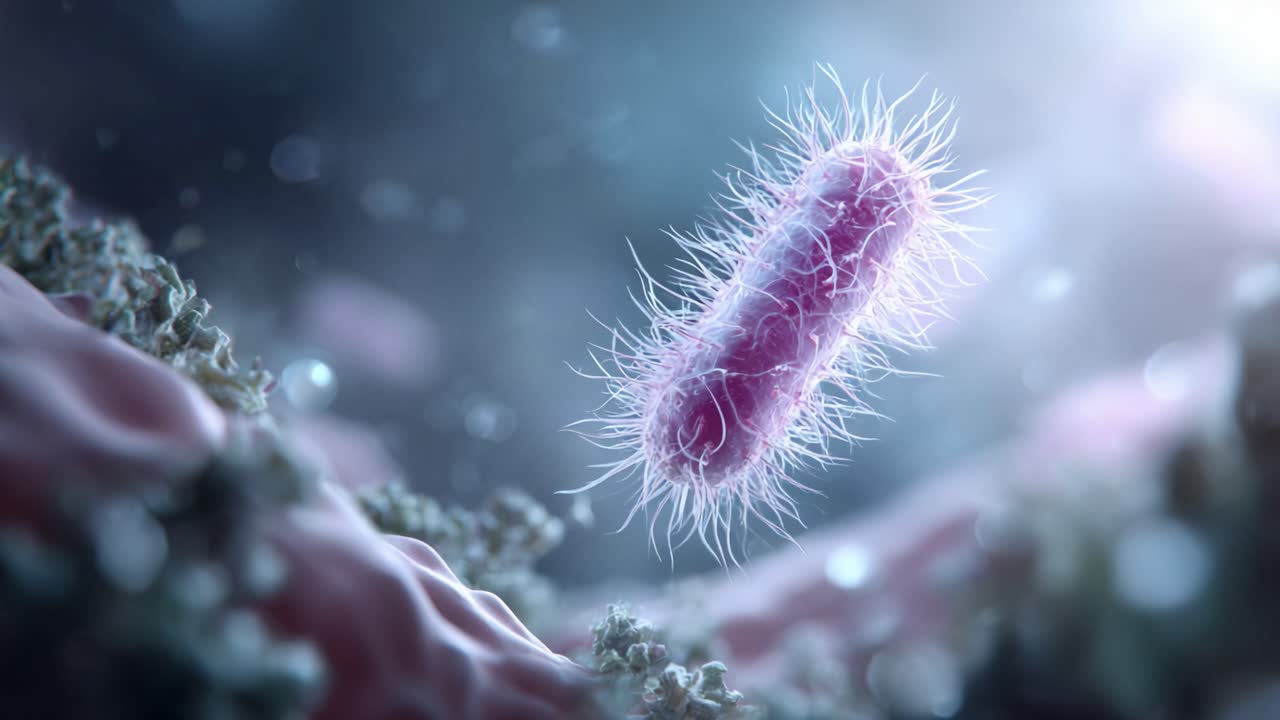 Microscopic View of a Vibrant Bacterium in Motion, Surrounded by Intricate Cellular Structures and an Expansive, Blurred Background of Microbial Landscape