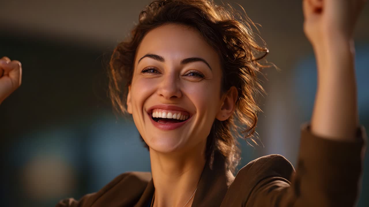 Joyful Expression: A Woman Celebrates with Enthusiasm and Happiness, Embracing the Moment of Triumph and Delight in Life's Precious Experiences