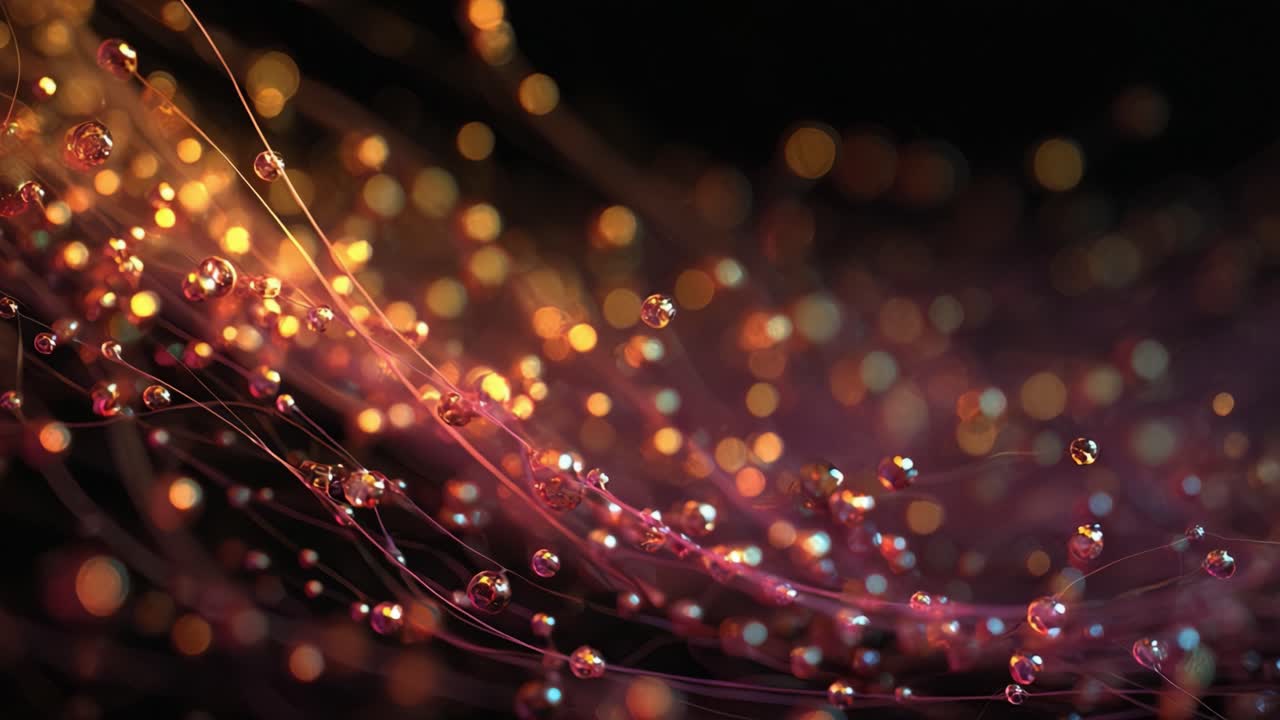 Golden and pink glittering particles flowing along translucent abstract strands in a continuous. Smooth motion over a dark background. Creating a beautiful bokeh effect and a sense of magical energy