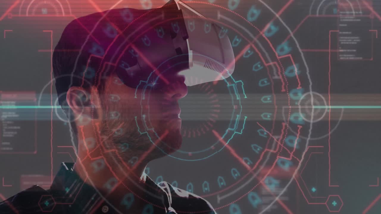 animación de escaneo de alcance y hombre que usa auriculares vr