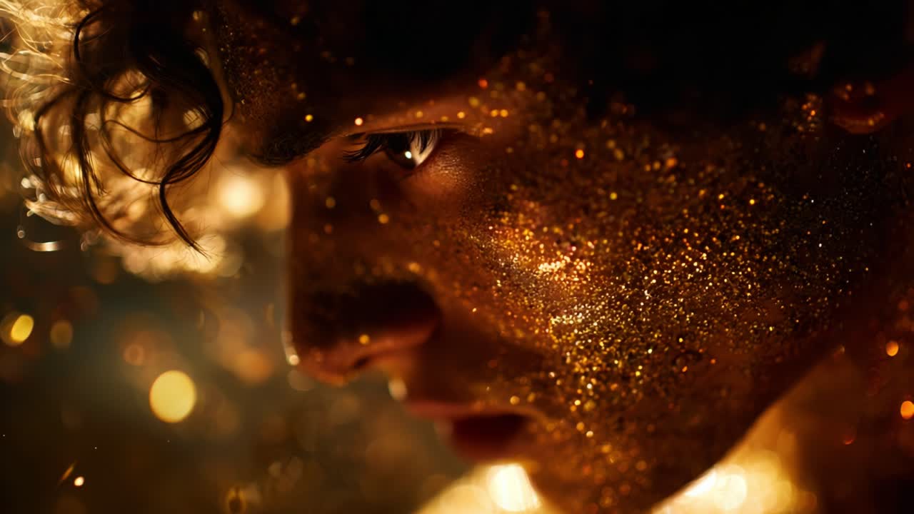 A close-up exploration of a person's profile dusted with shimmering golden glitter, capturing the essence of beauty and mystery, highlighting intricate details that reflect light and create an enchanting atmosphere