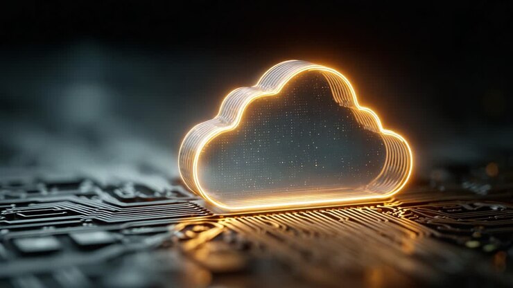 Et oplyst Cloud-symbol med et indviklet kredsløbsbaggrund, der viser fusionen af teknologi og datalagring i et digitalt landskab og understreger innovation og konnektivitet.