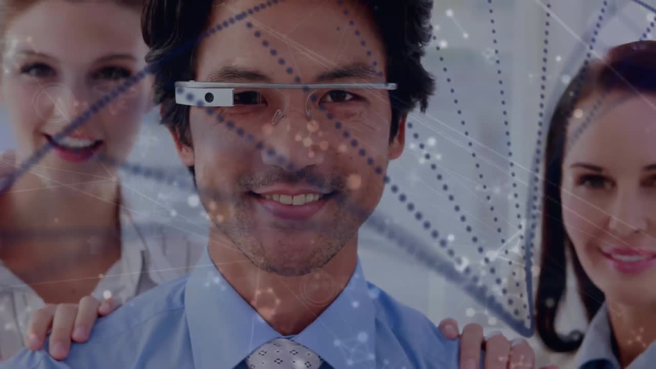 vr 안경을 입은 두 인종 사업가 위에 회전하는 dna 가닥의 애니메이션
