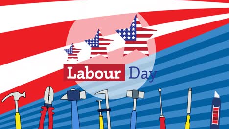 animation of labour day text over tools and american flag