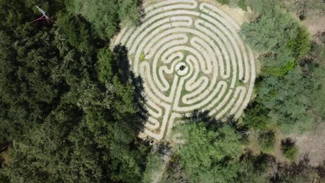 aerial rising shot overhead a stone maze puzzle game alongside a forest