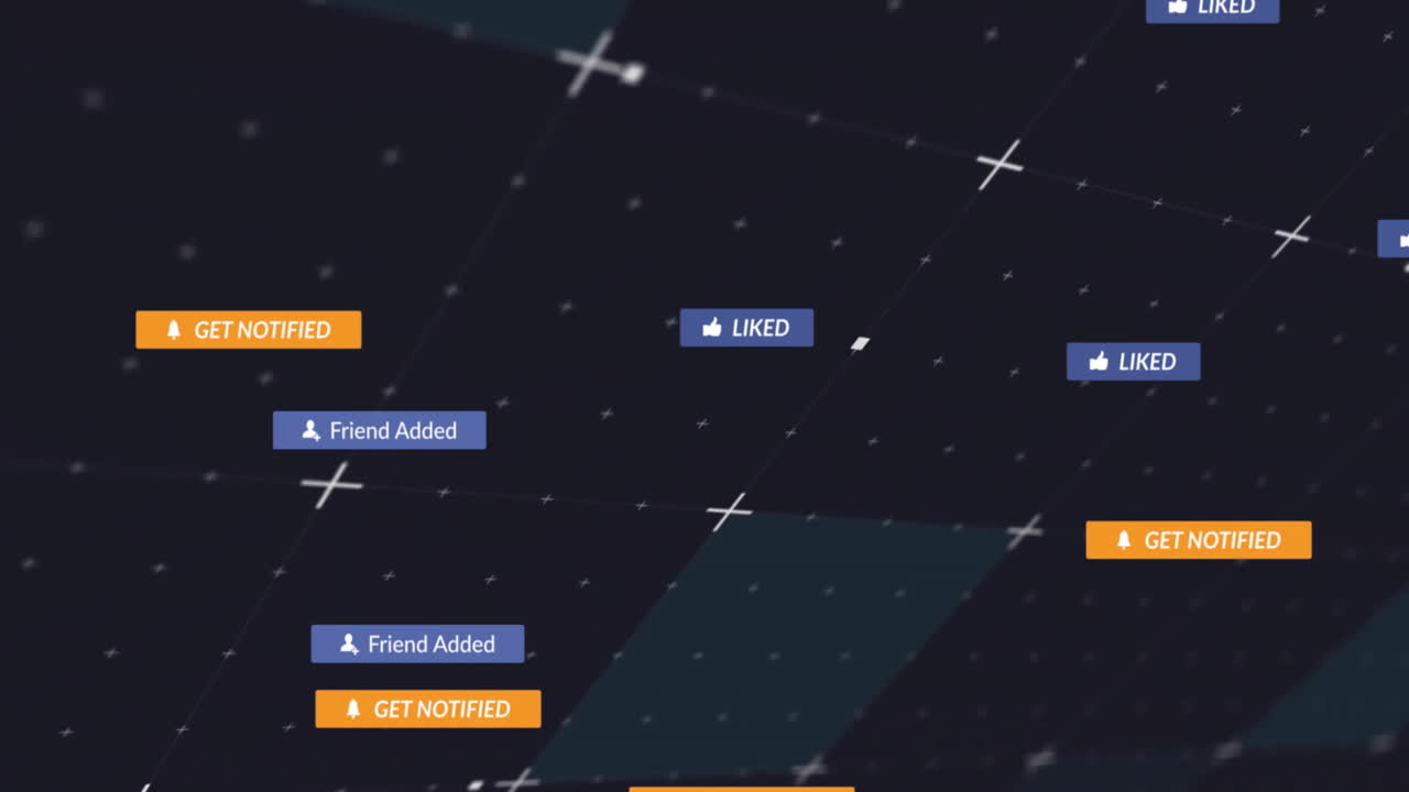Social media notifications and actions animation over dark grid background