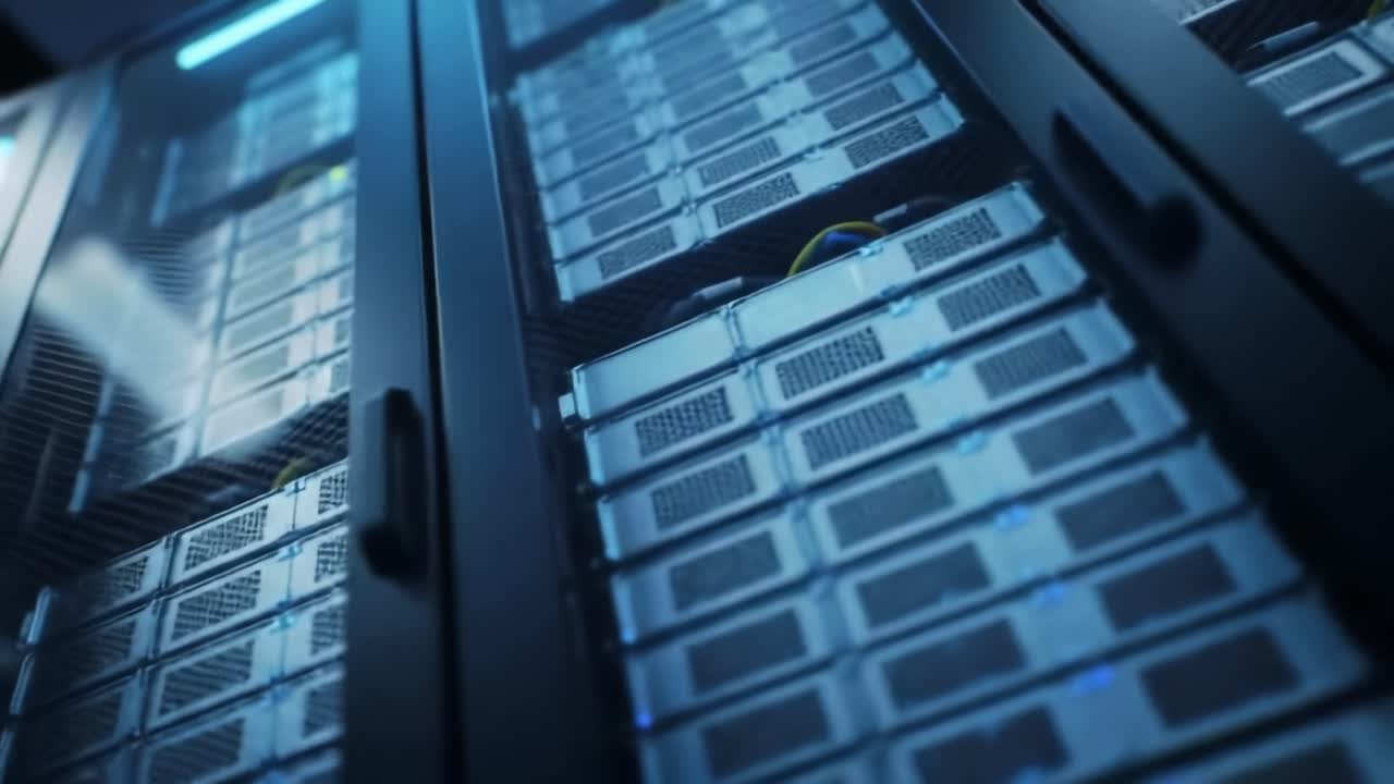 High-Tech Data Center: A Glimpse into an Advanced Server Array Showcasing Multiple Storage Units for Robust Information Processing and Management