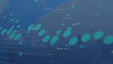 animación de gráficos con números cambiantes, lenguaje informático, vista aérea del paisaje urbano moderno