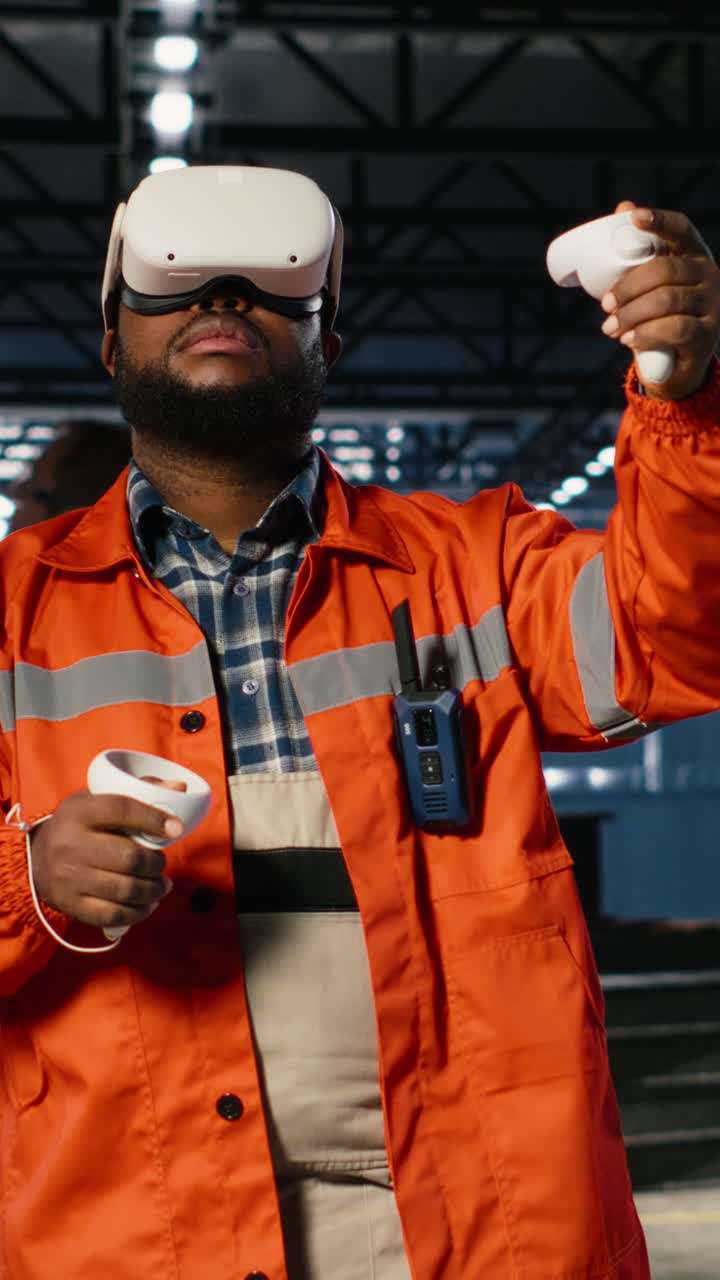 Vertical Video Black engineer wearing VR glasses interacting with a simulation system