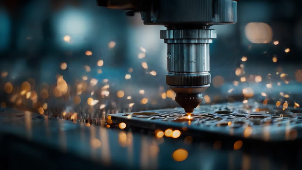 Precision Laser Cutting: Captivating Spark Show from a High-Tech Machine Working on Metal Sheet with Brilliant Explosions of Light and Energy