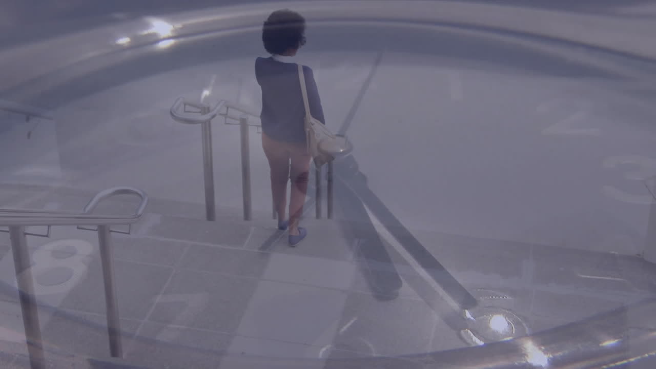 Descending stairs, woman with large clock face animation symbolizing time passage