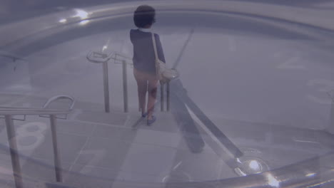 descending stairs, woman with large clock face animation symbolizing time passage