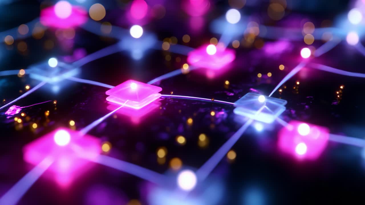 A Vibrant Abstract Representation of a Network with Illuminated Nodes and Interconnected Paths, Showcasing Dynamic Colors and Light Effects in a Digital Environment