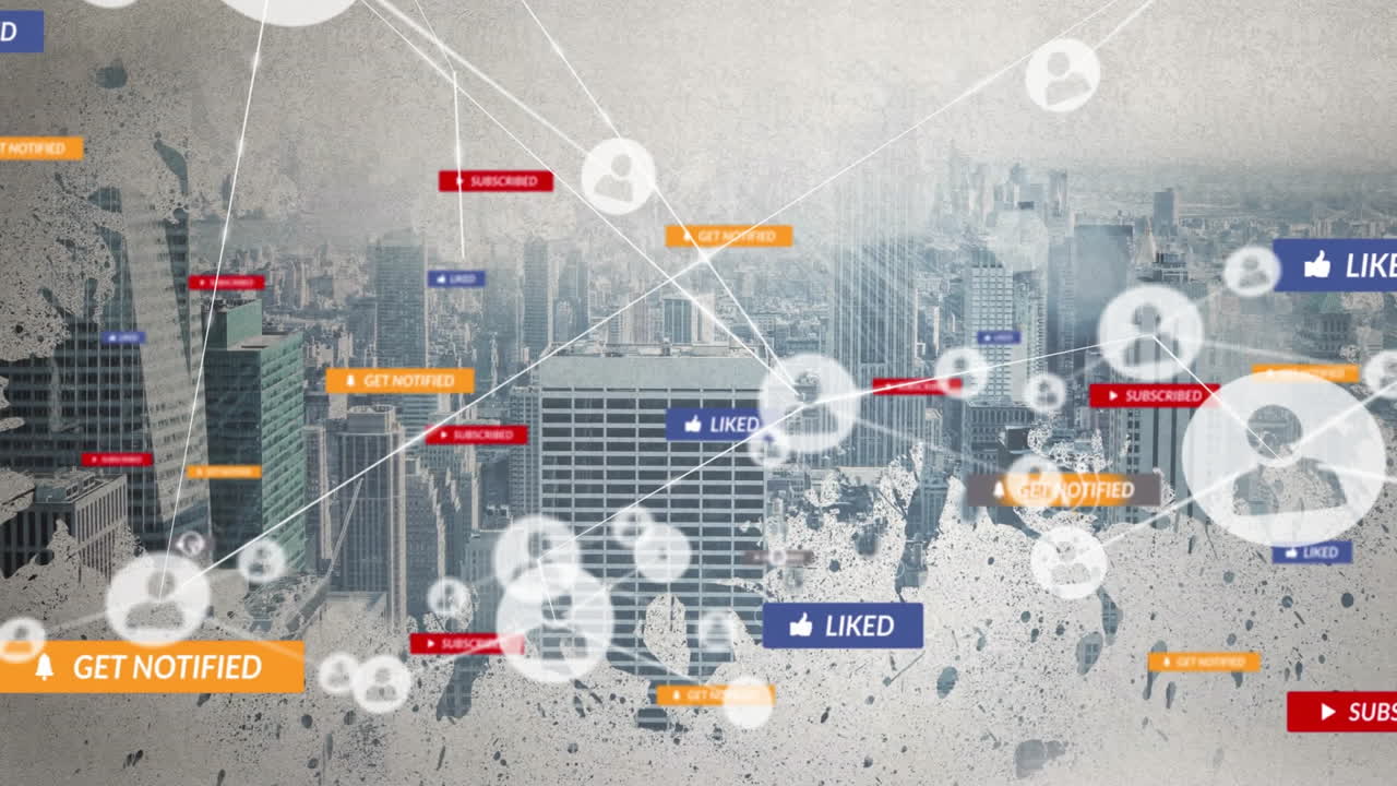 도시 풍경 배경에서 애니메이션 소셜 미디어 알림과 상호 작용