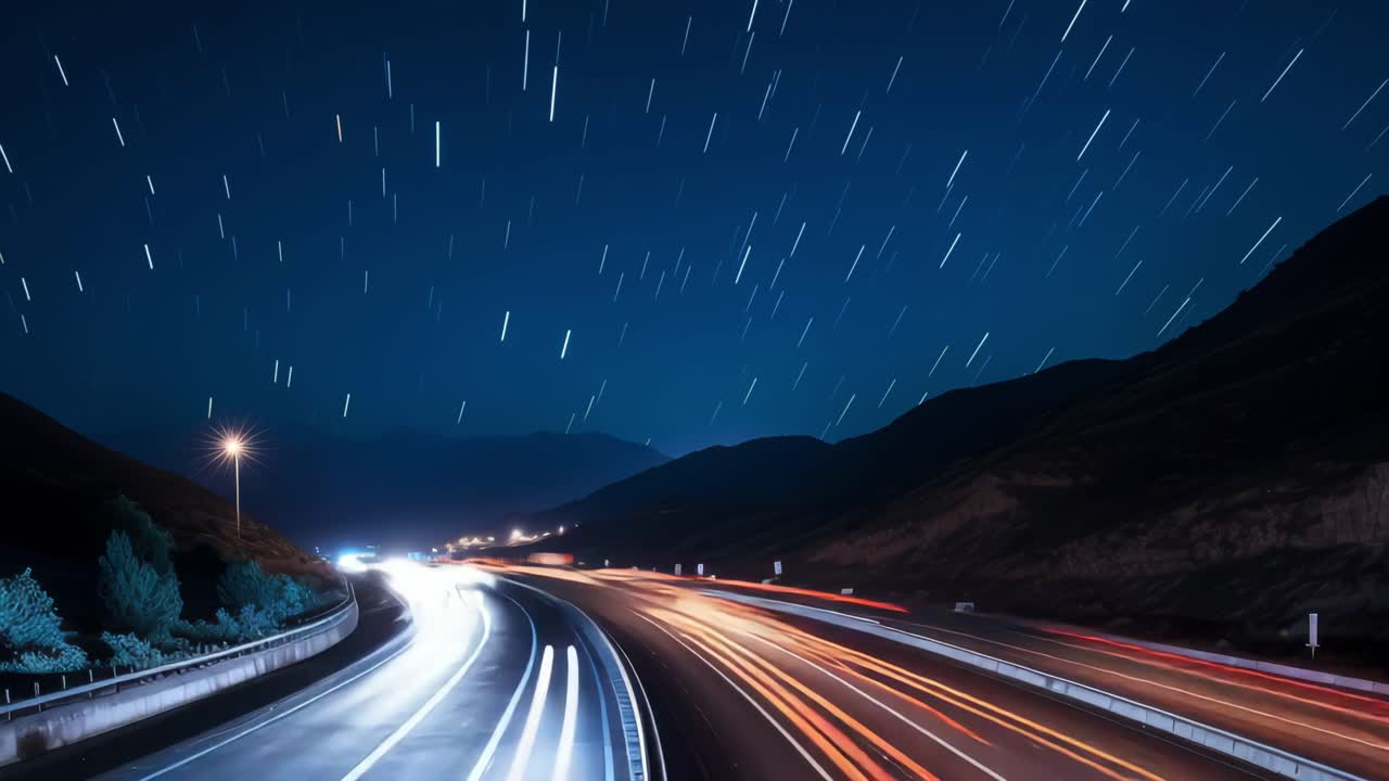 Star trails are illuminating a highway at night with light trails from cars driving, creating a dynamic and captivating scene of movement and light against the backdrop of mountains