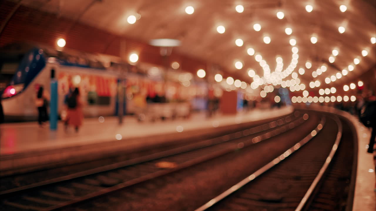 Blurry view of people and trains moving through the Monaco train station with bright lights in Monte Carlo, Monaco