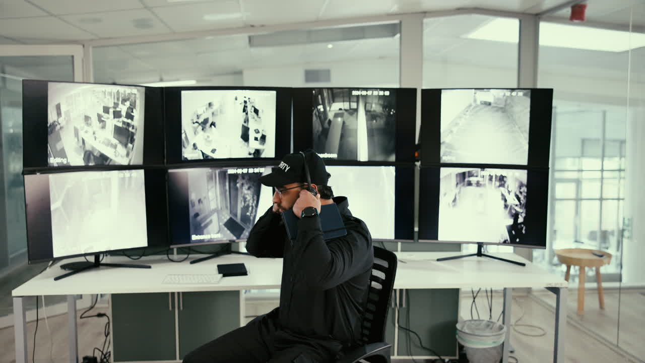 보안 경비원들이 컨트롤 에서 보안 카메라를 감시하고 있습니다.