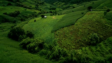 4K-Cinematic-nature-aerial-drone-footage-of-the-beautiful-mountains-and-rice-terraces-of-Ban-Pa-Pong-Piang-at-Doi-Ithanon-next-to-Chiang-Mai,-Thailand-on-a-cloudy-sunny-day