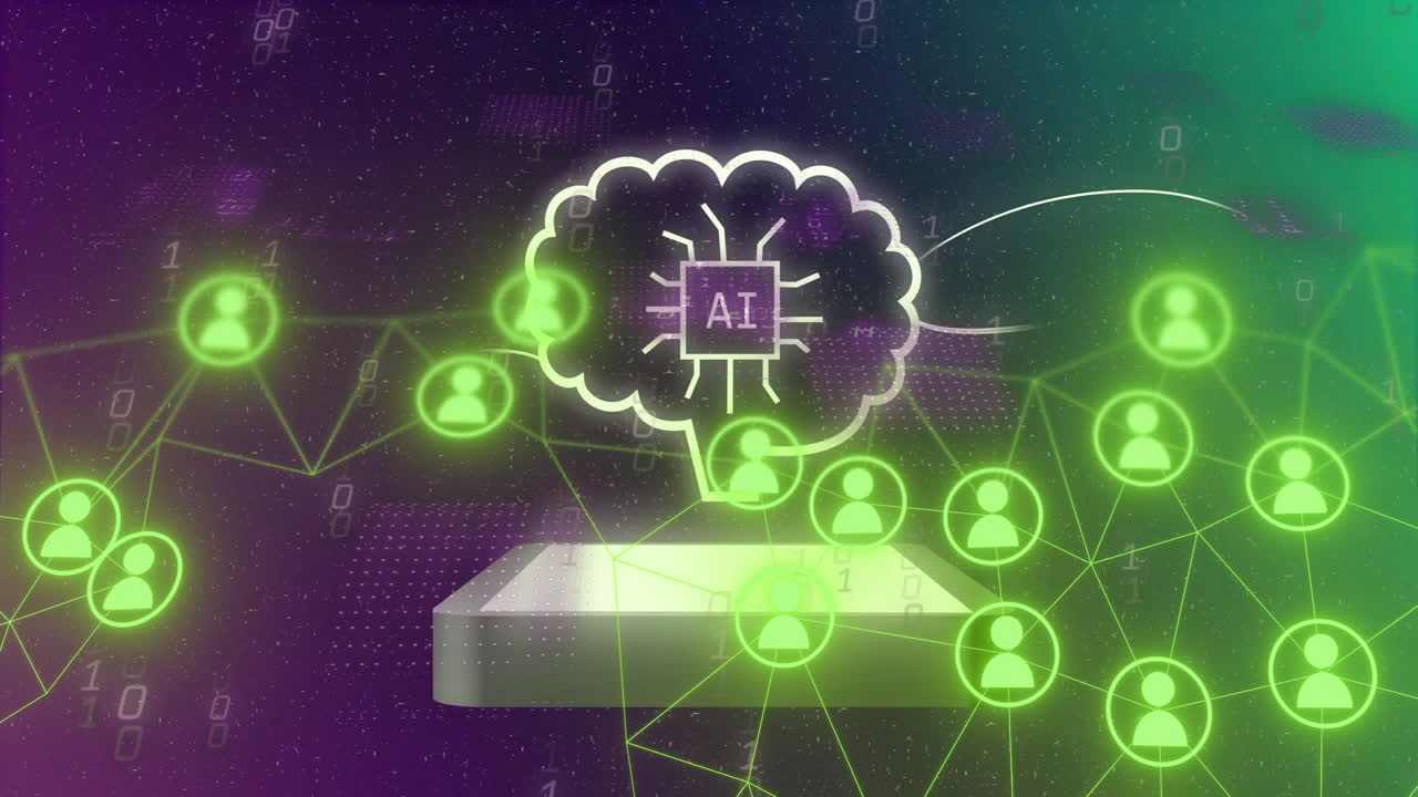 tecnología ai y animación de redes neuronales a través de iconos de usuario conectados y código binario