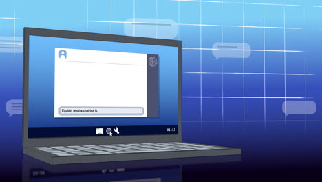 animación de portátil con chat de ai en el fondo azul.