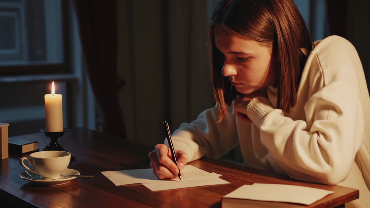 Young people writing at a table in the evening
