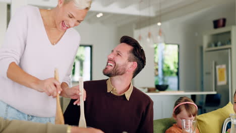 happy, dining room and big family with lunch