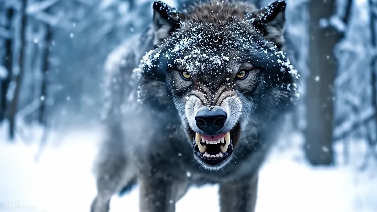 A close up of a wolf in the snow with its mouth open