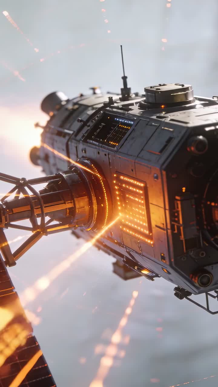 Vertical video: Firing amber beam from ring, module turning in space during arc sparking LED grid