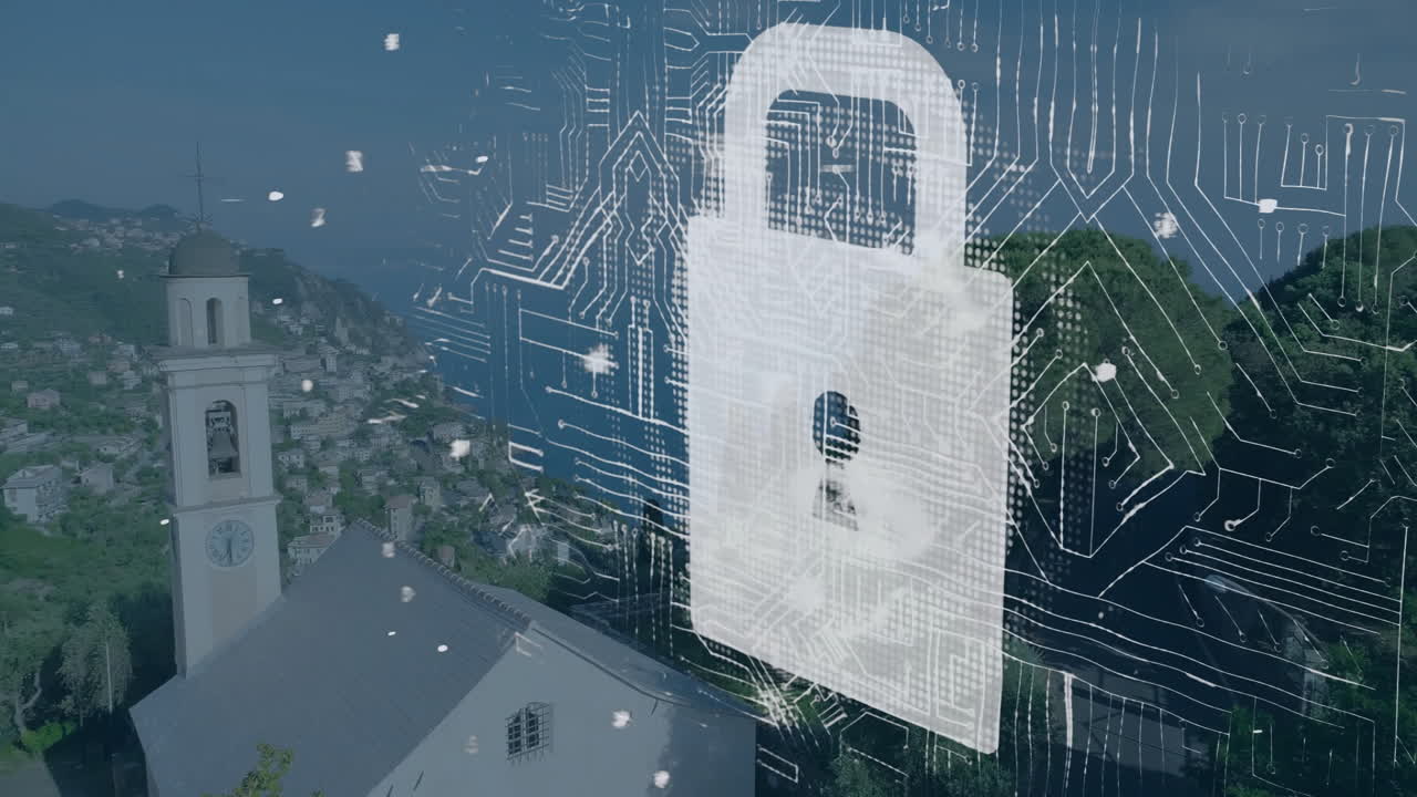 Padlock icon hovering over village church tower, displaying circuit lines and rural security theme