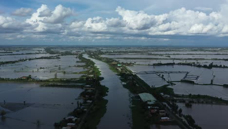 aerial panning view of colorful mekong delta over agricultural land and waterways in vietnam