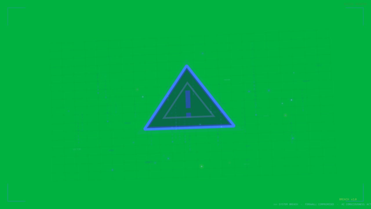 HUD on transparent BG warning triangle appearing grid tilting nodes linking bars rising alerting