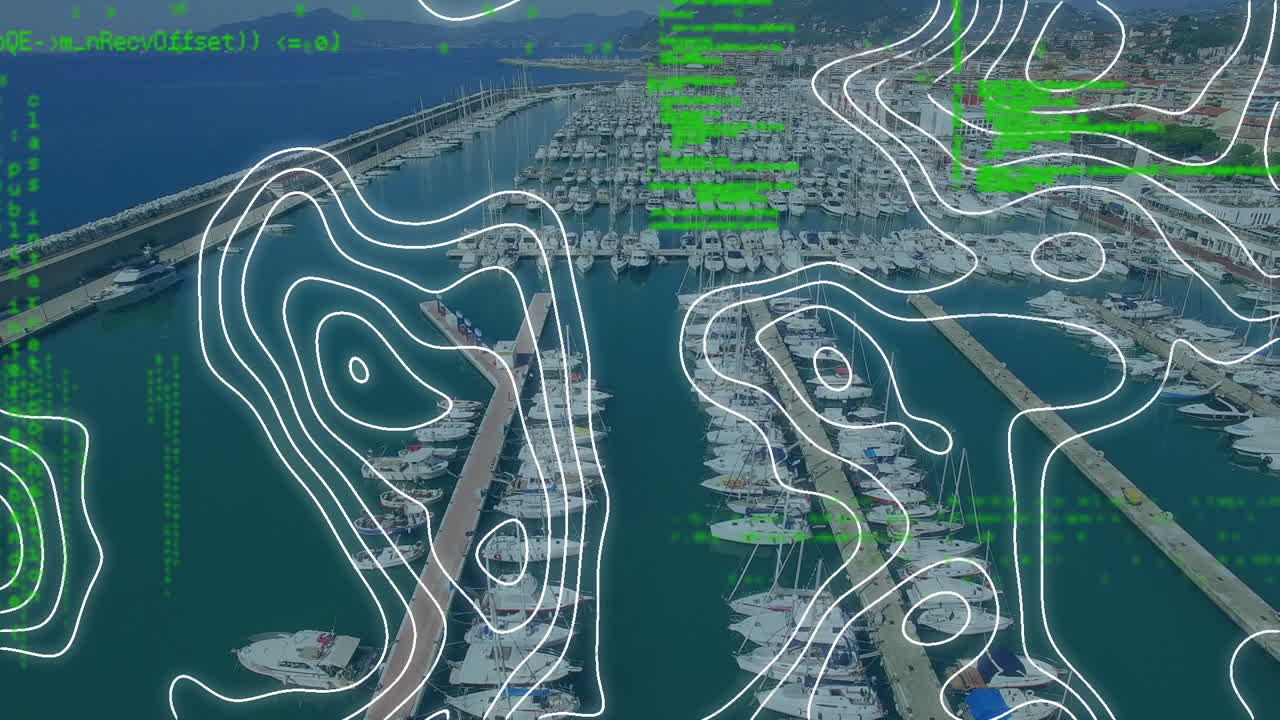 Animation of data processing and shapes moving over cityscape