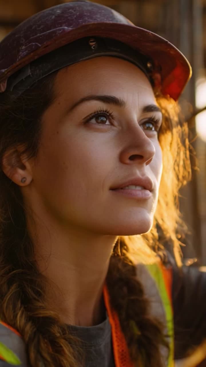 Determined Construction Worker Inspires with Focused Vision During Sunset in Industrial Setting, Showcasing Commitment and Strength in the Workplace