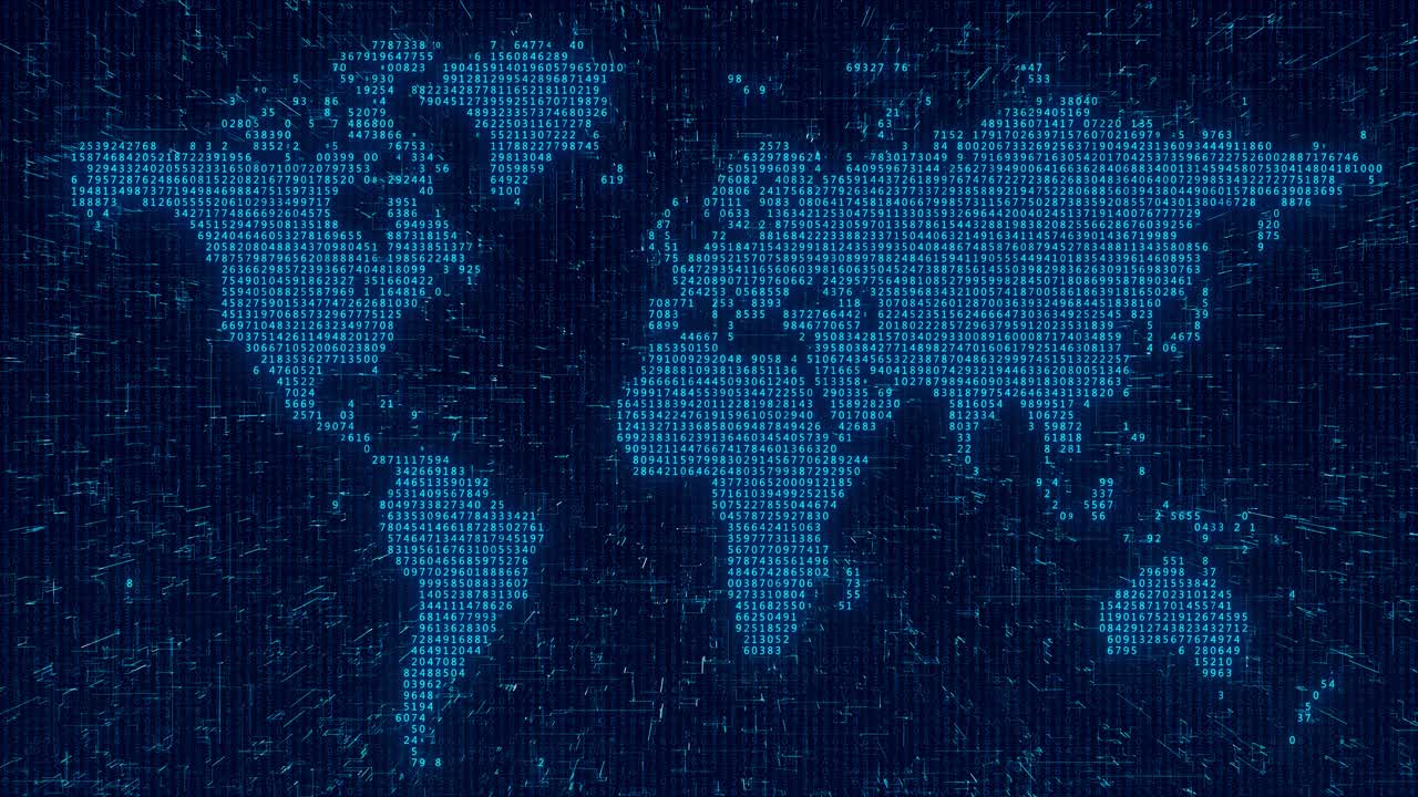 Looping Digital World Map of Binary Code and Numbers on Futuristic Global Network Background