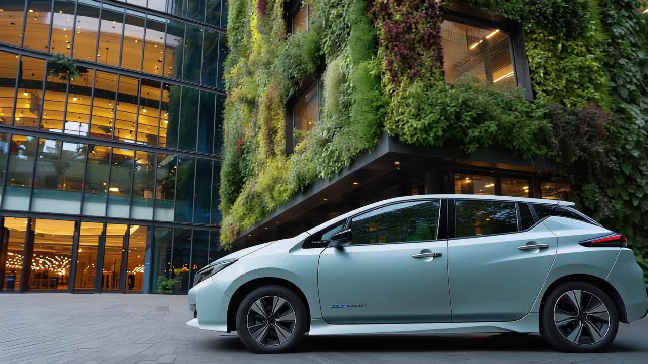 Auto moderna parcheggiata accanto a un lussureggiante edificio verde. Scena urbana silenziosa con elementi naturali e meccanici che si fondono. La luce soffusa del giorno esalta il design elegante e il fogliame vibrante. Ideale per l'eco-sostenibilità.