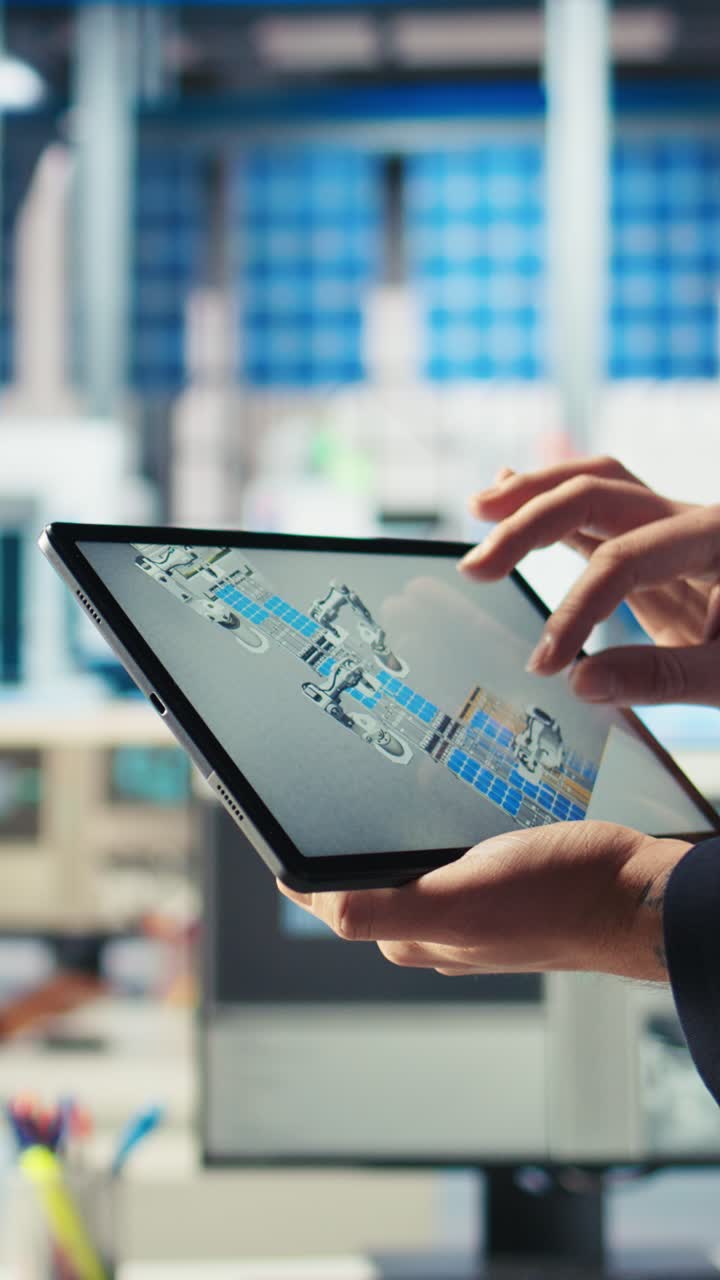 Vertical Video Photovoltaics Factory Technician Monitors System Performance On Tablet, Closeup