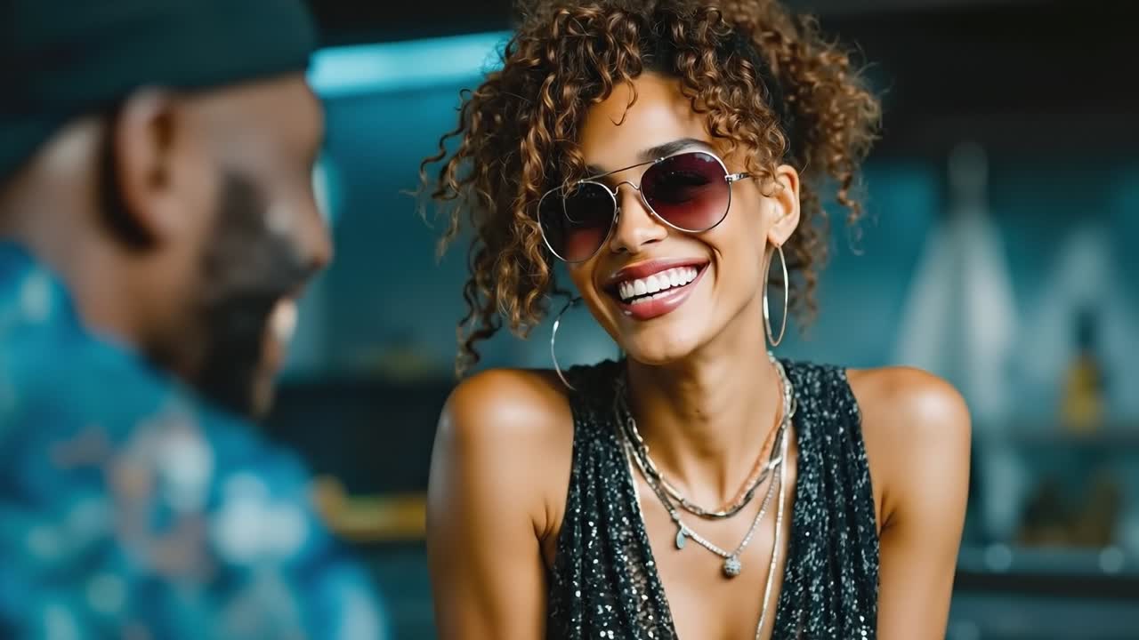 Một người phụ nữ mặc váy đen và đeo kính râm mỉm cười với một người đàn ông mặc áo sơ mi xanh.