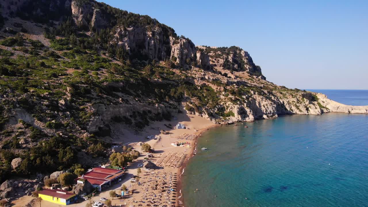 Towering Rocky Headlands In Tsambika Beach Resort In Rhodos Island, Greece