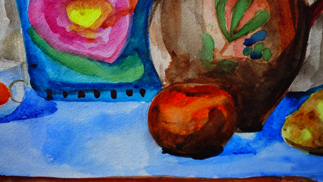 Natura morta da cucina sotto forma di vaso, mela e pera. Ripresa del disegno