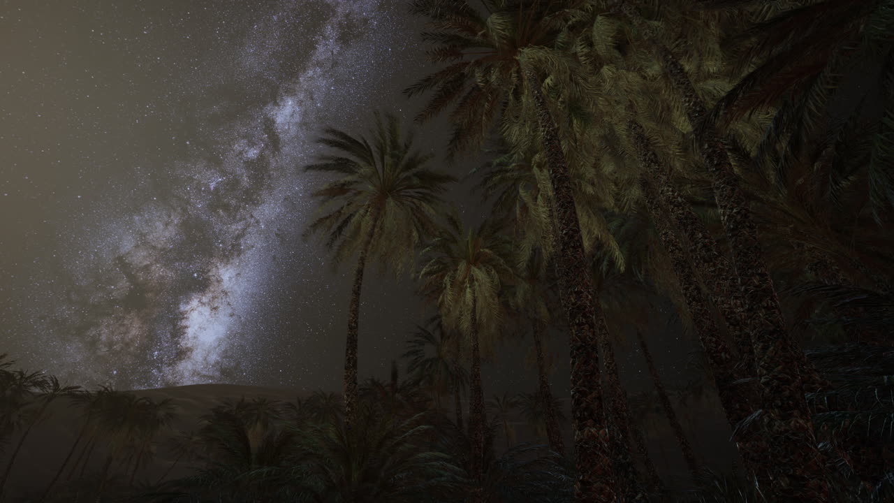 vía láctea sobre el oasis de palmeras por la noche