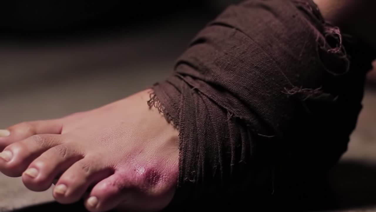 A close-up of a bandaged foot showing signs of injury, highlighting the impact of wounds, treatment, and the resilience of the human body amidst challenging circumstances