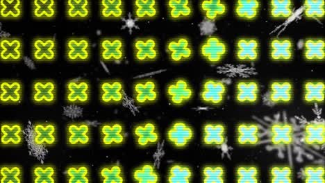 Abstract-shapes-over-cross-signs-in-seamless-pattern-against-snowflakes-floating-on-black-background