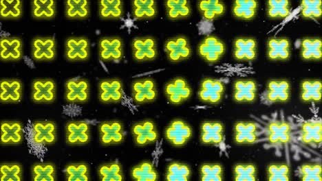 formas abstractas sobre signos cruzados en un patrón sin costuras contra copos de nieve flotando sobre un fondo negro