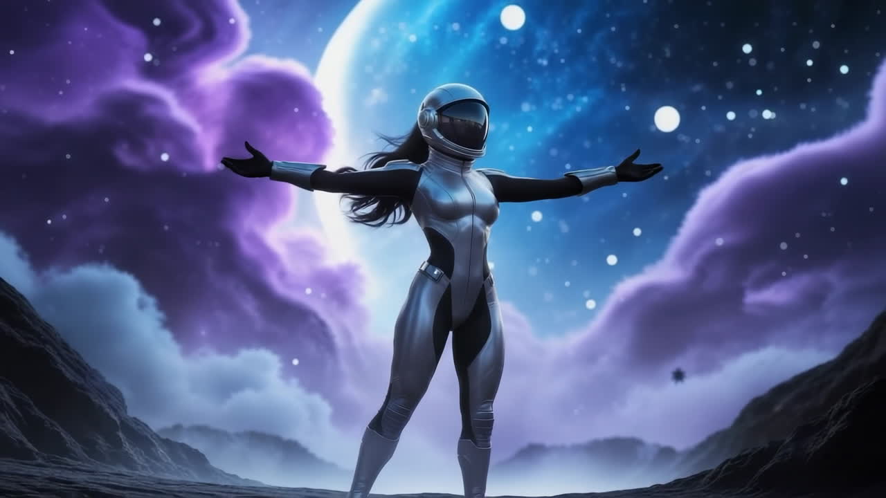 Astronaut Standing on an Alien Planet with Arms Outstretched