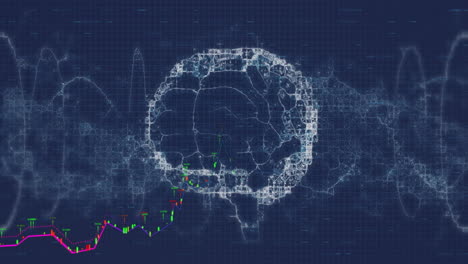animation of data processing over digital brain on black background