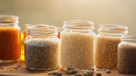 a variety of grains and seeds in glass jars