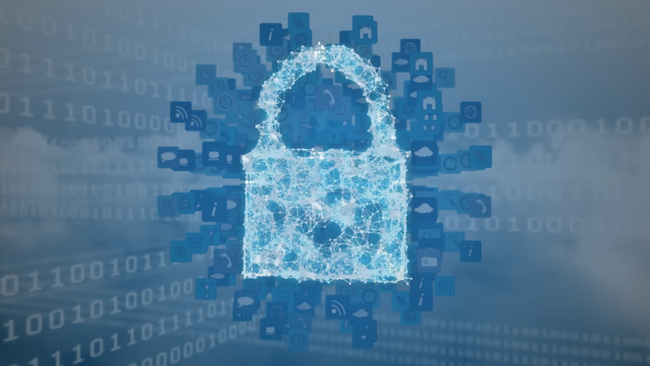 animación del procesamiento de datos sobre iconos y candado