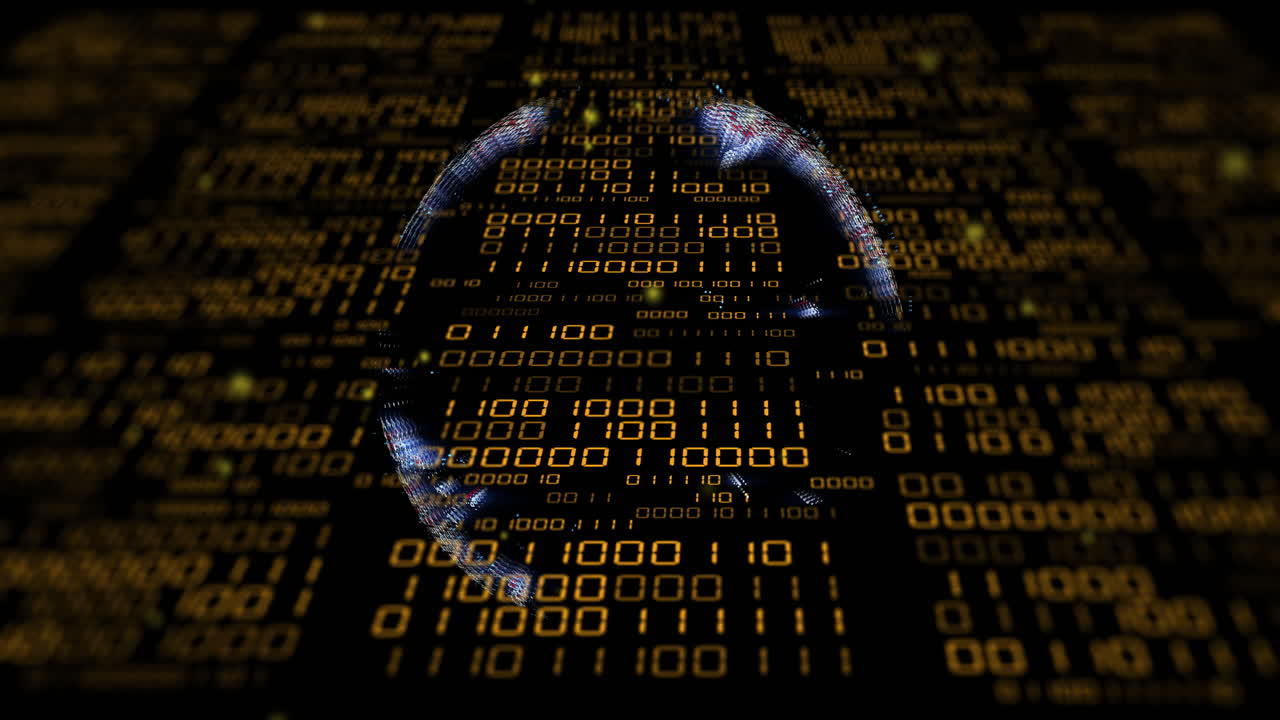 Animation of globe with binary coding and data processing over dark background