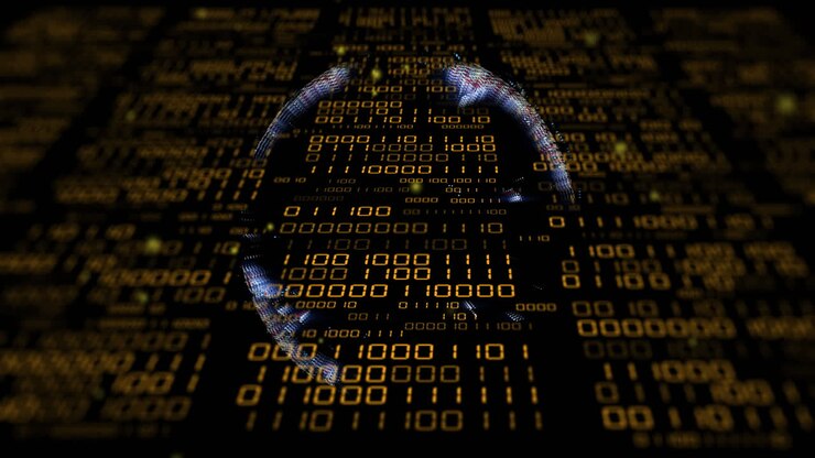 Animation of globe with binary coding and data processing over dark background